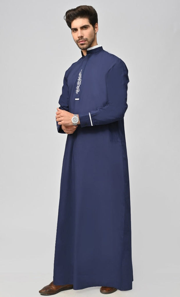 Buy Mens Dubai White Detailing Thobe/Jubba With Pockets - Navy - Final sale - EastEssence.com