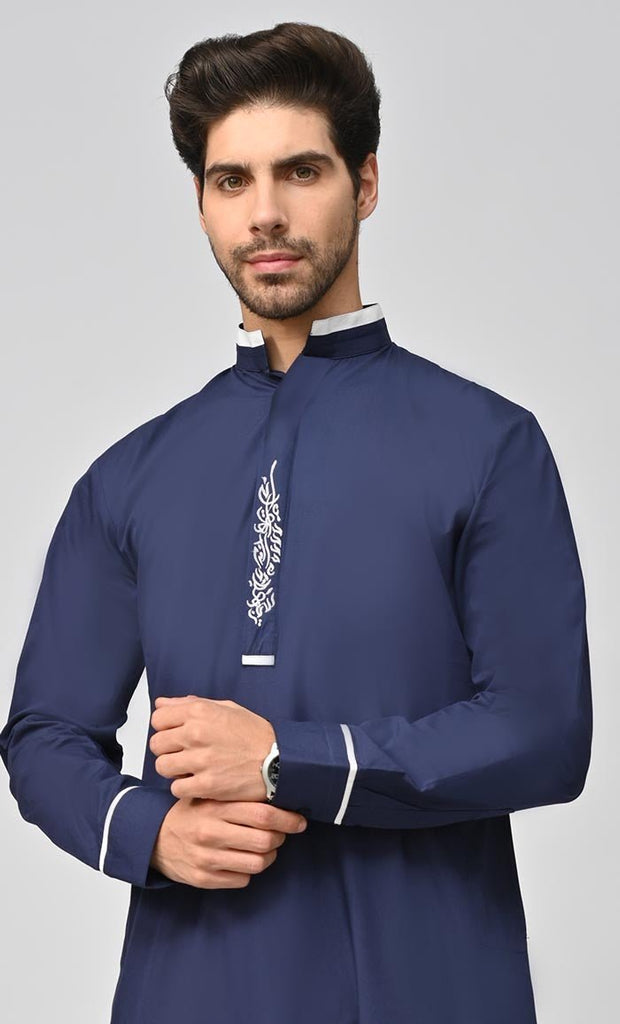 Buy Mens Dubai White Detailing Thobe/Jubba With Pockets - Navy - Final sale - EastEssence.com