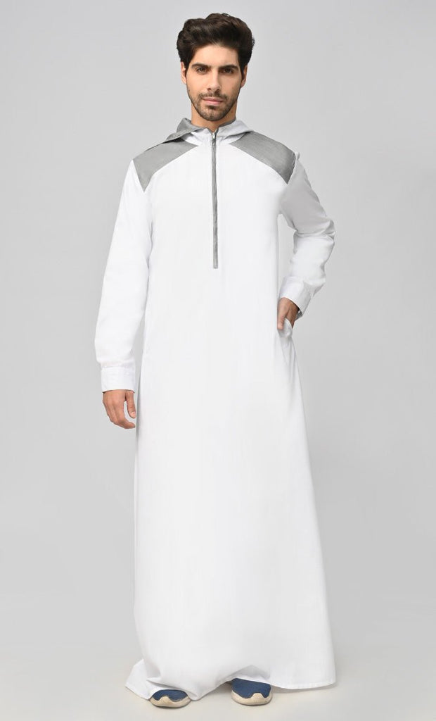 Buy Mens Grey Contrasted Thobe/Jubba With Pockets And Hood - Final Sale - EastEssence.com