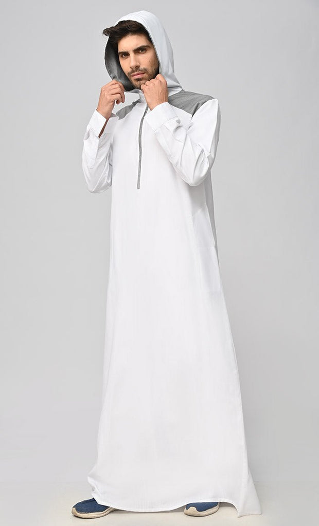 Buy Mens Grey Contrasted Thobe/Jubba With Pockets And Hood - Final Sale - EastEssence.com