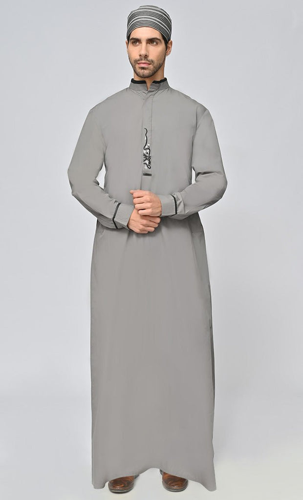 Buy Mens Islamic Embroidered Thobe/Jubba With Pockets And Kufi - Grey - Final Sale - EastEssence.com