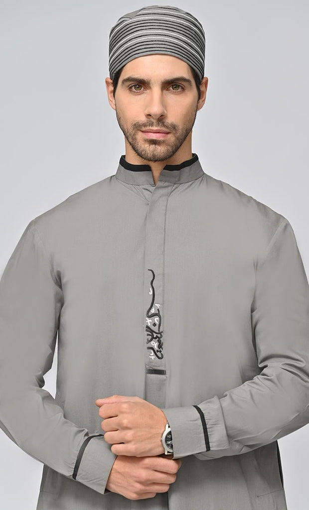 Buy Mens Islamic Embroidered Thobe/Jubba With Pockets And Kufi - Grey - Final Sale - EastEssence.com