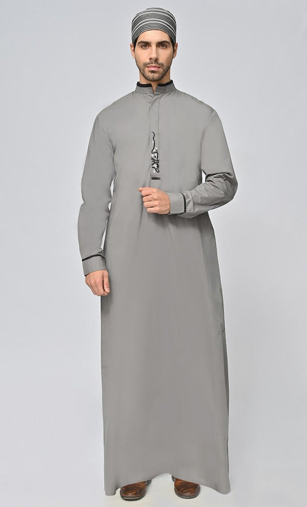 Buy Mens Islamic Embroidered Thobe/Jubba With Pockets And Kufi - Grey - Final Sale - EastEssence.com