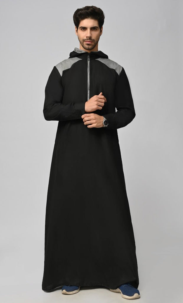 Buy Mens Islamic Sporty Thobe/Jubba With Pockets And Hood - Black - Final Sale - EastEssence.com