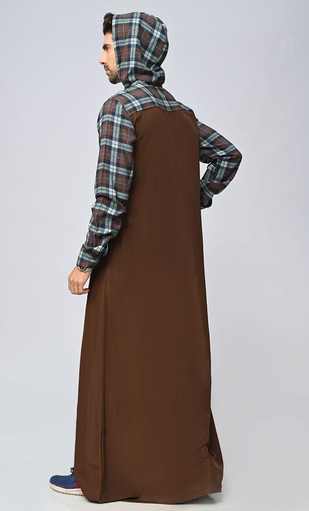 Buy Mens Islamic Sporty Thobe/Jubba With Pockets And Hood - Brown ( Navy Blue ) - Final Sale - EastEssence.com