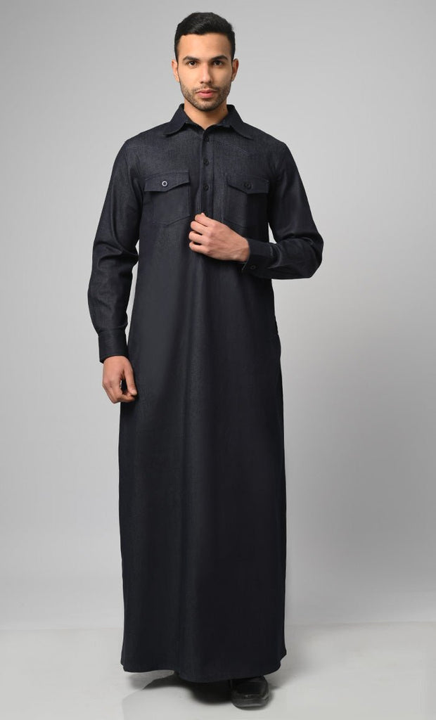 Casual Modest Denim Designer Thobe/Jubba For Men - Final Sale - EastEssence.com