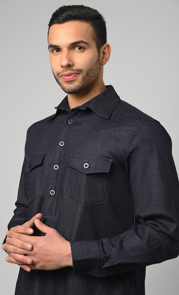 Casual Modest Denim Designer Thobe/Jubba For Men - Final Sale - EastEssence.com