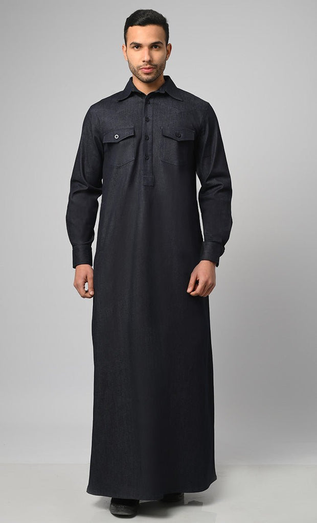 Casual Modest Denim Designer Thobe/Jubba For Men - Final Sale - EastEssence.com