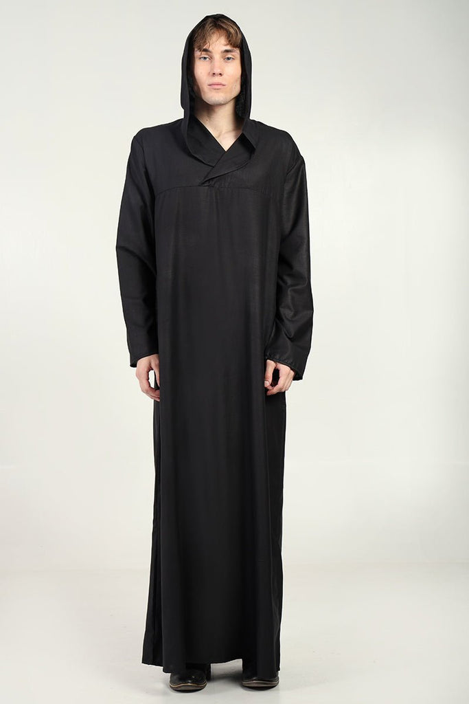 Casual Polyester Poplin Thobe with Overlap Neck & Attached Hoodie - Black - EastEssence.com