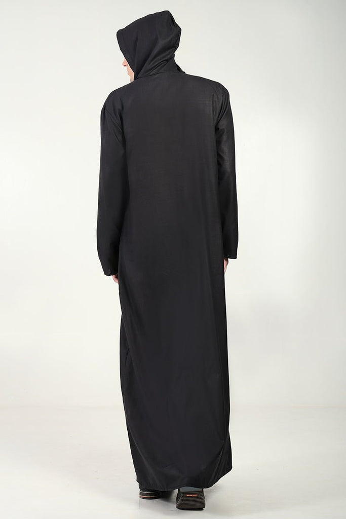 Casual Polyester Poplin Thobe with Overlap Neck & Attached Hoodie - Black - EastEssence.com