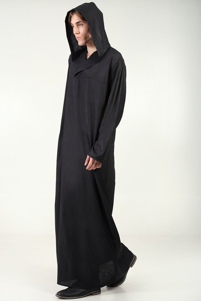 Casual Polyester Poplin Thobe with Overlap Neck & Attached Hoodie - Black - EastEssence.com