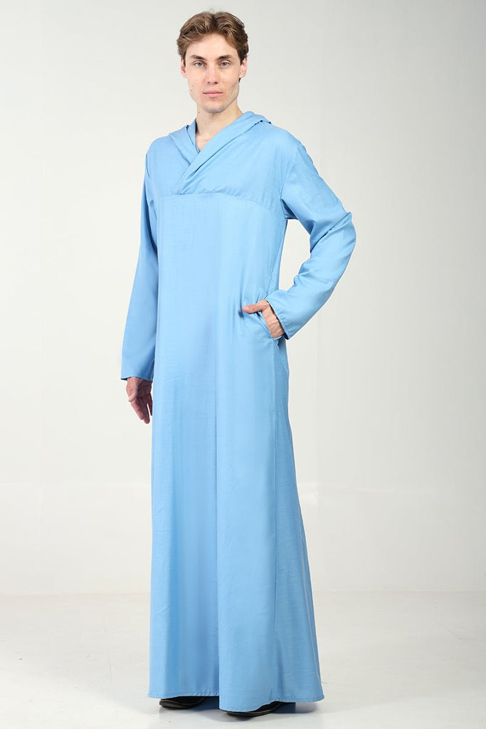 Casual Polyester Poplin Thobe with Overlap Neck & Attached Hoodie - Blue - EastEssence.com