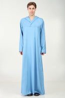 Casual Polyester Poplin Thobe with Overlap Neck & Attached Hoodie - Blue - EastEssence.com