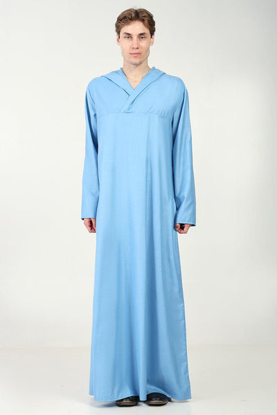 Casual Polyester Poplin Thobe with Overlap Neck & Attached Hoodie - Blue - EastEssence.com