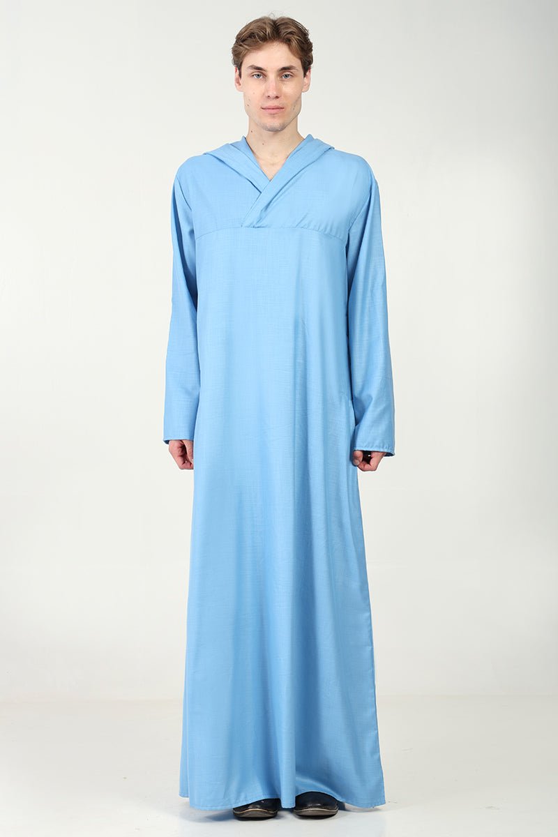 Casual Polyester Poplin Thobe with Overlap Neck & Attached Hoodie-Blue