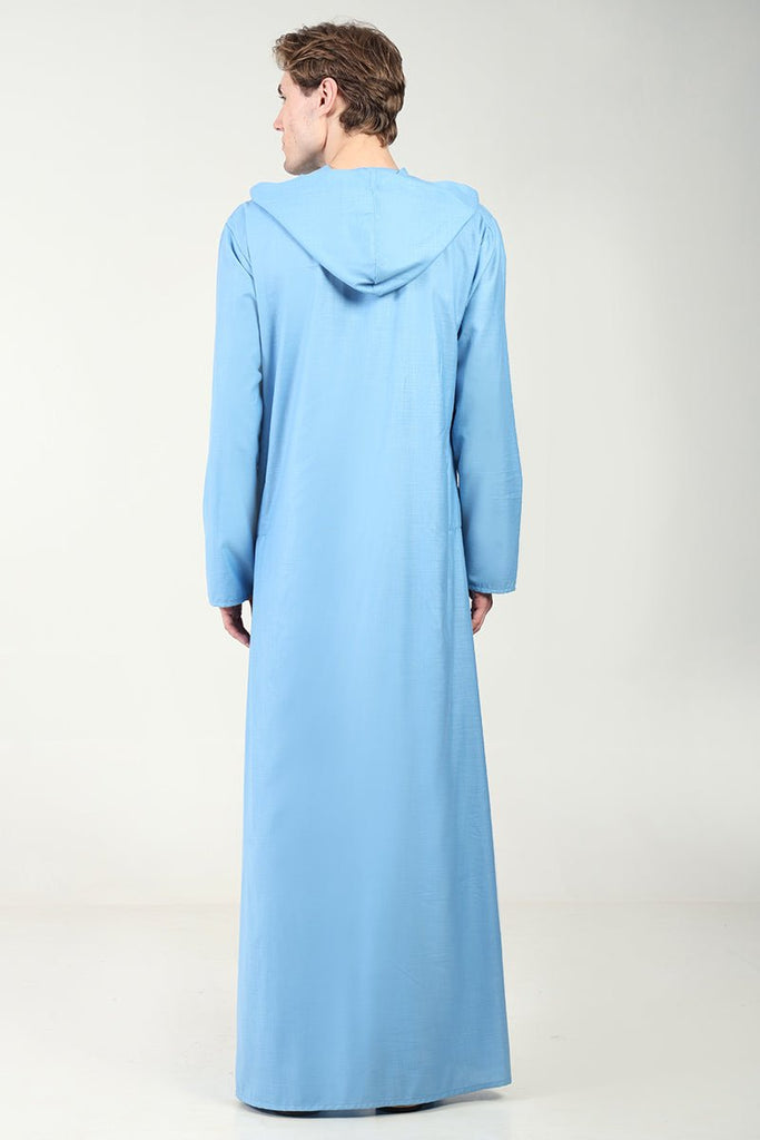 Casual Polyester Poplin Thobe with Overlap Neck & Attached Hoodie - Blue - EastEssence.com