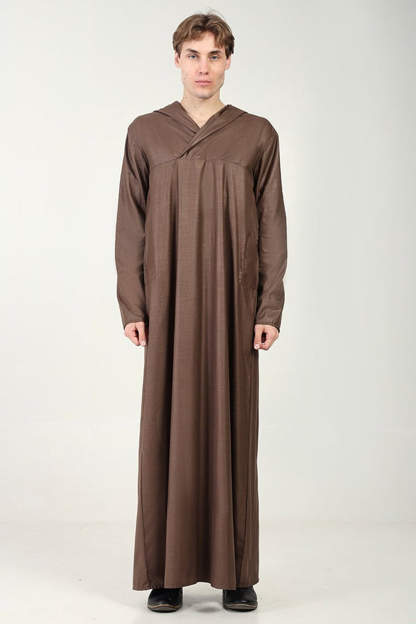 Casual Polyester Poplin Thobe with Overlap Neck & Attached Hoodie - Brown - EastEssence.com