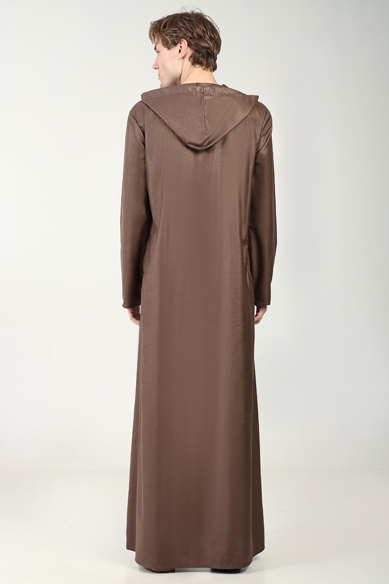 Casual Polyester Poplin Thobe with Overlap Neck & Attached Hoodie - Brown - EastEssence.com