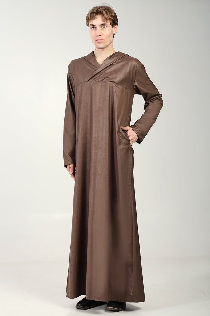 Casual Polyester Poplin Thobe with Overlap Neck & Attached Hoodie - Brown - EastEssence.com