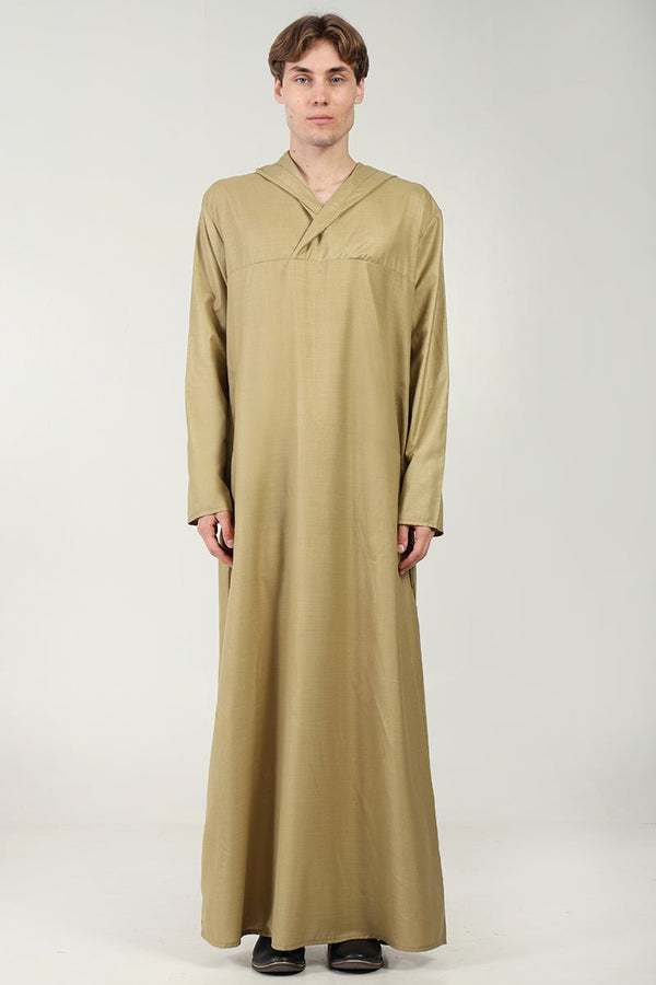 Casual Polyester Poplin Thobe with Overlap Neck & Attached Hoodie - Camel - EastEssence.com