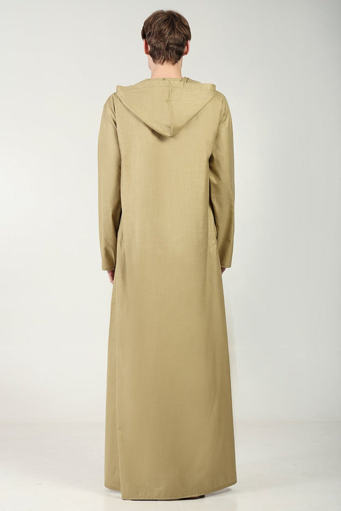 Casual Polyester Poplin Thobe with Overlap Neck & Attached Hoodie - Camel - EastEssence.com