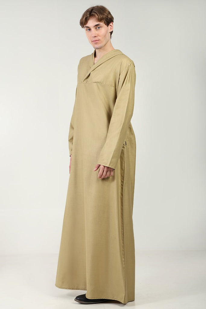 Casual Polyester Poplin Thobe with Overlap Neck & Attached Hoodie - Camel - EastEssence.com