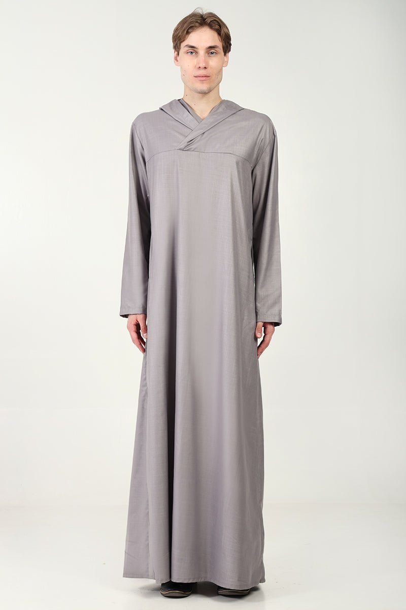 Casual Polyester Poplin Thobe with Overlap Neck & Attached Hoodie - Grey - EastEssence.com