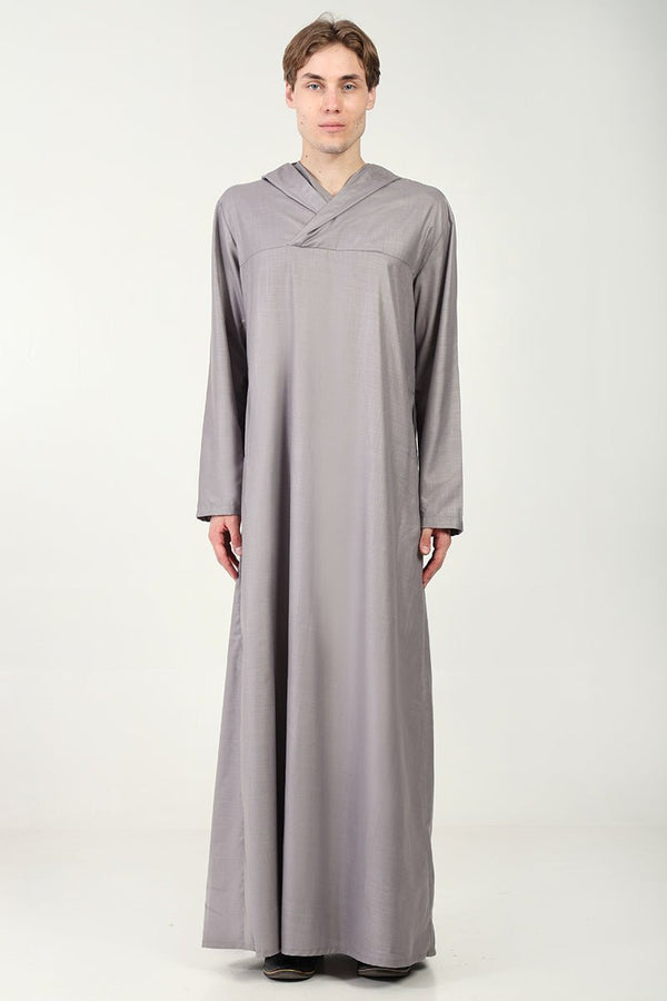 Casual Polyester Poplin Thobe with Overlap Neck & Attached Hoodie - Grey - EastEssence.com
