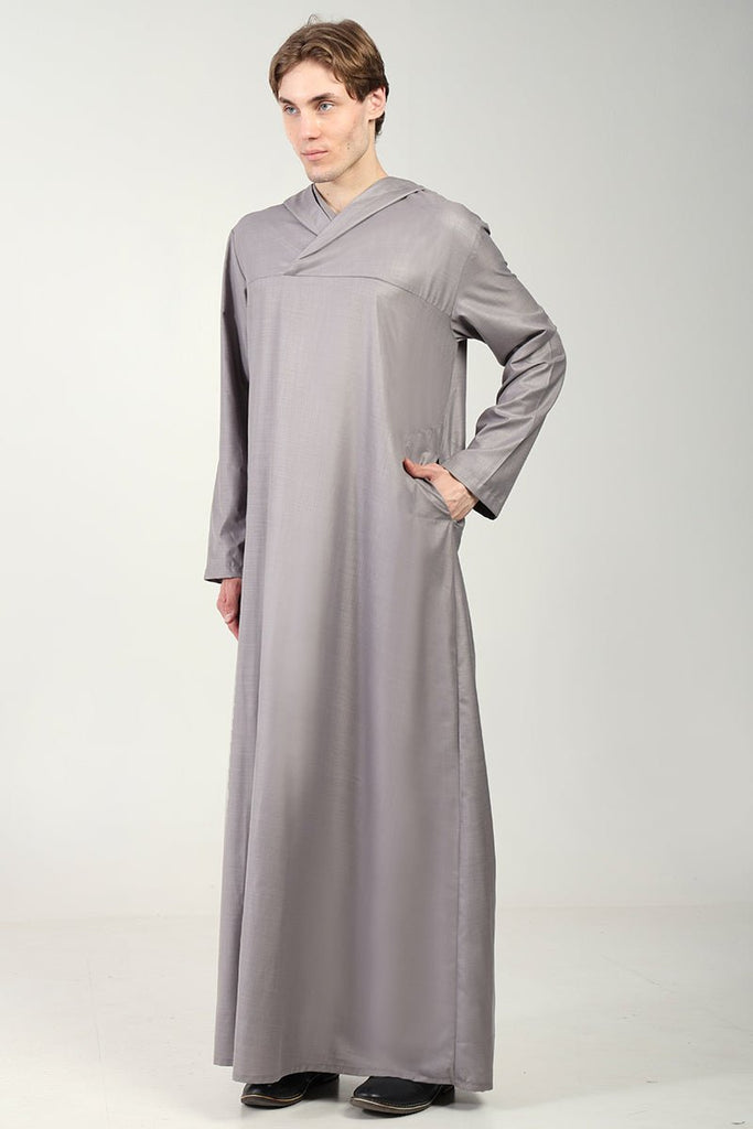 Casual Polyester Poplin Thobe with Overlap Neck & Attached Hoodie - Grey - EastEssence.com