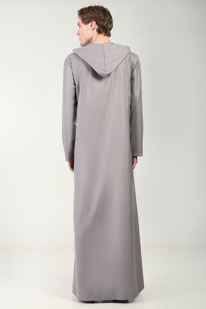 Casual Polyester Poplin Thobe with Overlap Neck & Attached Hoodie - Grey - EastEssence.com