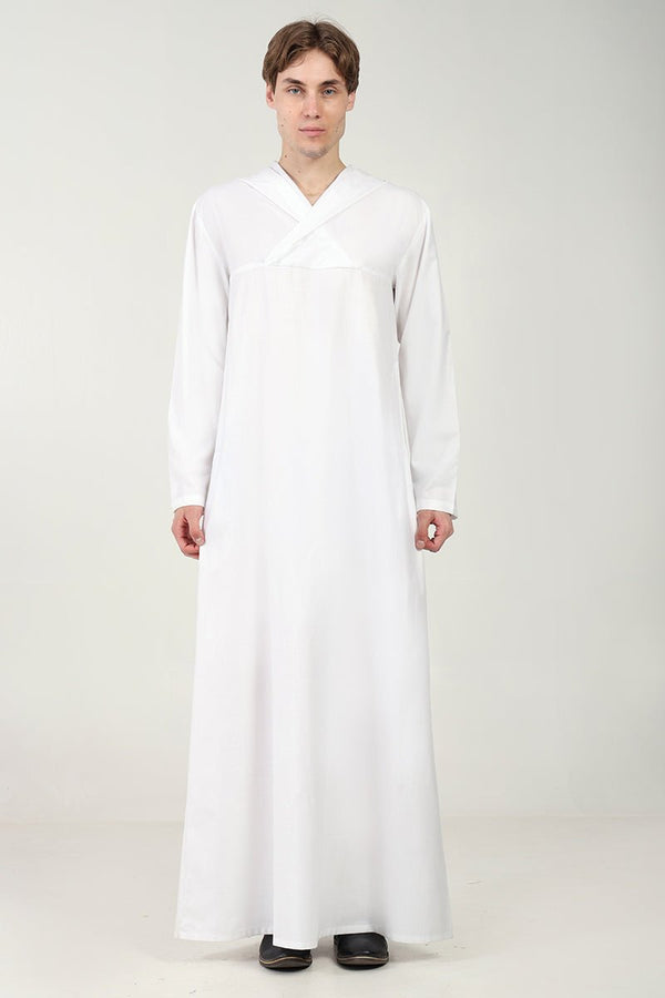 Casual Polyester Poplin Thobe with Overlap Neck & Attached Hoodie - White - EastEssence.com