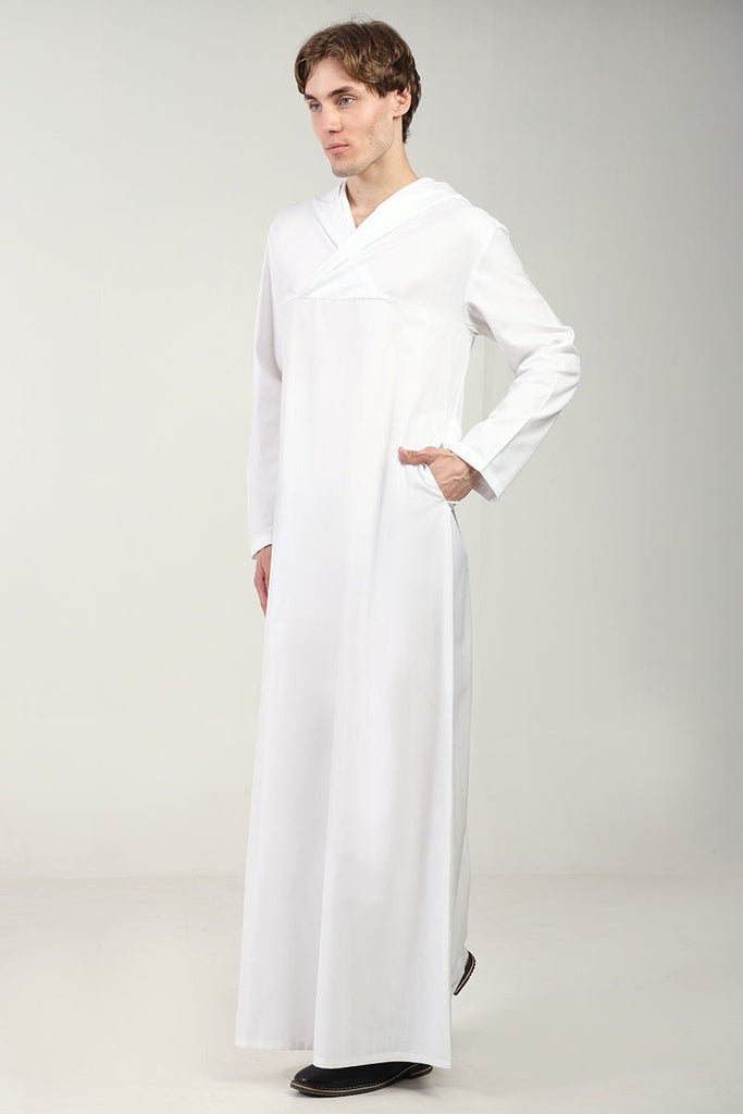 Casual Polyester Poplin Thobe with Overlap Neck & Attached Hoodie - White - EastEssence.com