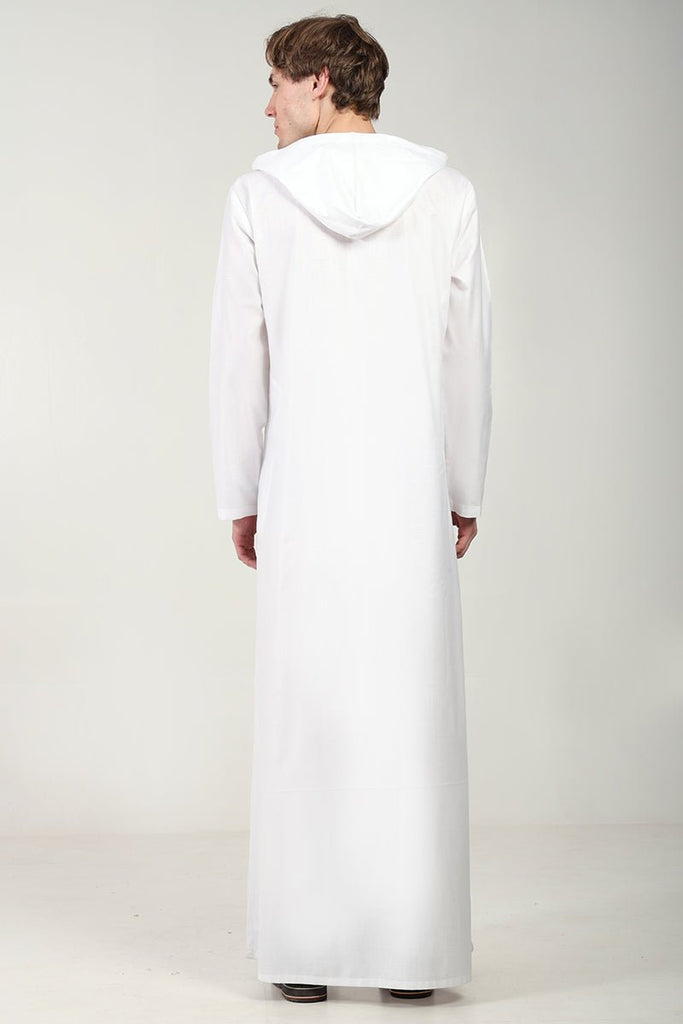 Casual Polyester Poplin Thobe with Overlap Neck & Attached Hoodie - White - EastEssence.com