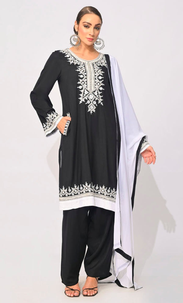 Celestial Charm: Pearls Embellished Black 3 Pc Salwar Kameez with Dupatta - EastEssence.com