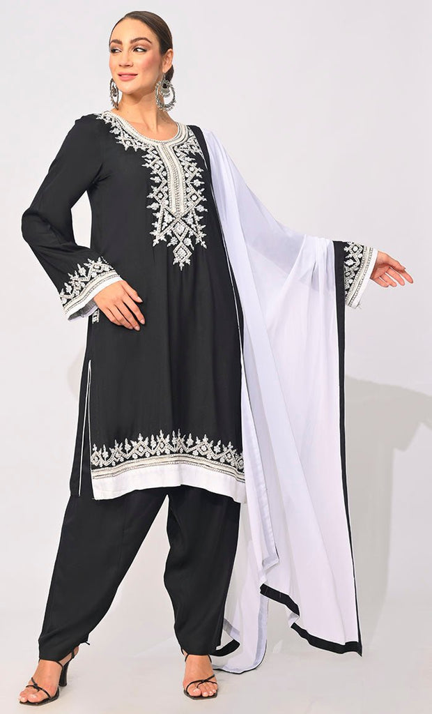 Celestial Charm: Pearls Embellished Black 3 Pc Salwar Kameez with Dupatta - EastEssence.com