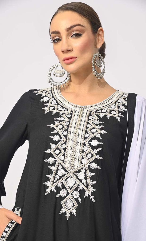 Celestial Charm: Pearls Embellished Black 3 Pc Salwar Kameez with Dupatta - EastEssence.com