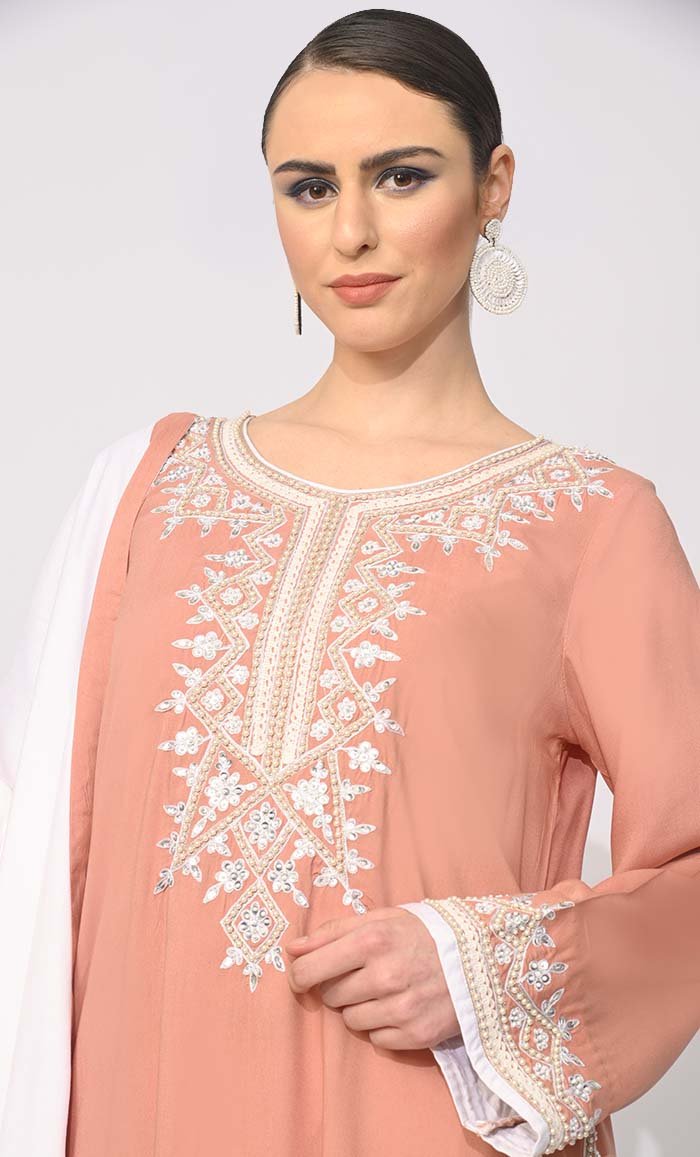 Celestial Charm: Pearls Embellished Burlwood 3 Pc Salwar Kameez with Dupatta - EastEssence.com