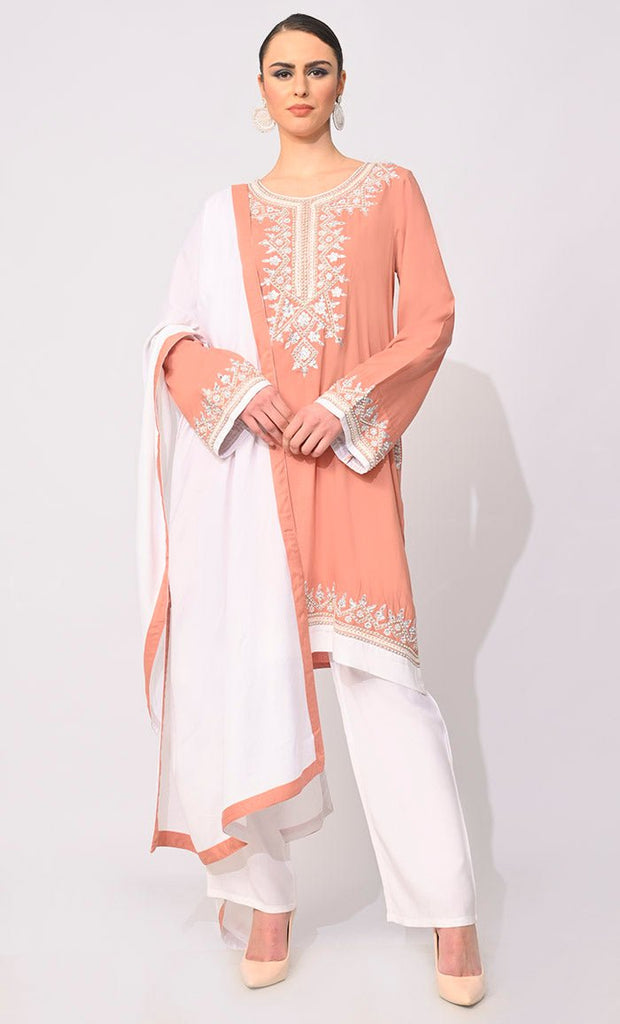 Celestial Charm: Pearls Embellished Burlwood 3 Pc Salwar Kameez with Dupatta - EastEssence.com