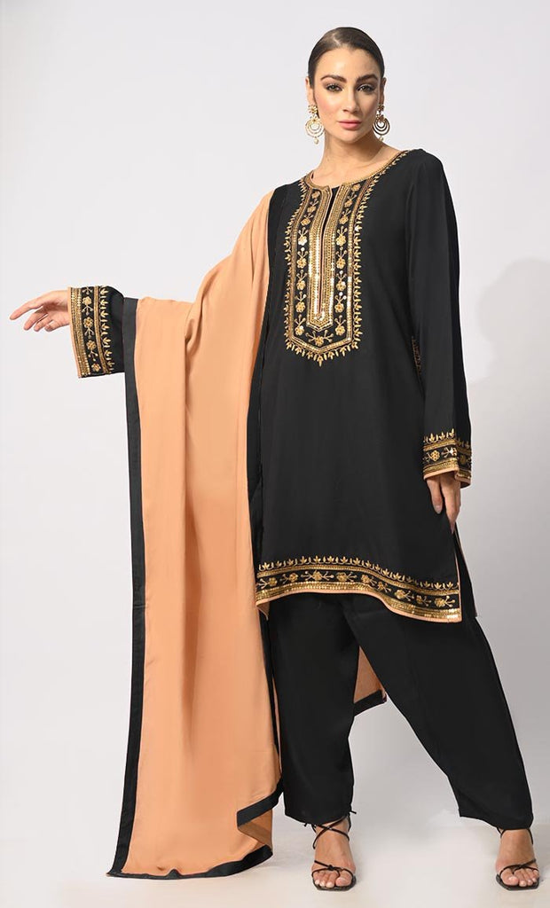 Charm & Elegance: Embellished Black Salwar Kameez with Dupatta 3Pc Set - EastEssence.com