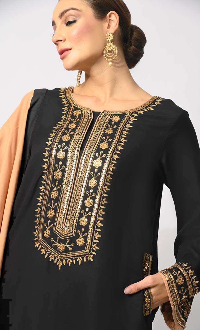 Charm & Elegance: Embellished Black Salwar Kameez with Dupatta 3Pc Set M Charm & Elegance: Embellished Black Salwar Kameez with Dupatta 3Pc Set M