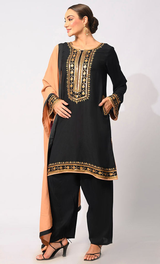 Charm & Elegance: Embellished Black Salwar Kameez with Dupatta 3Pc Set - EastEssence.com