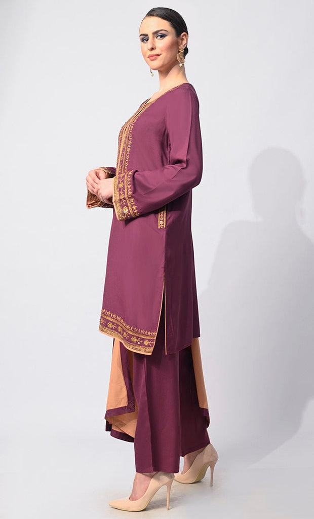 Charm & Elegance: Embellished Wine Salwar Kameez with Dupatta 3Pc Set - EastEssence.com