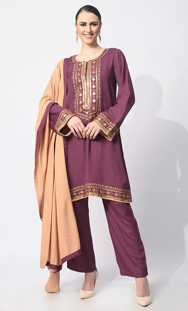 Charm & Elegance: Embellished Wine Salwar Kameez with Dupatta 3Pc Set - EastEssence.com