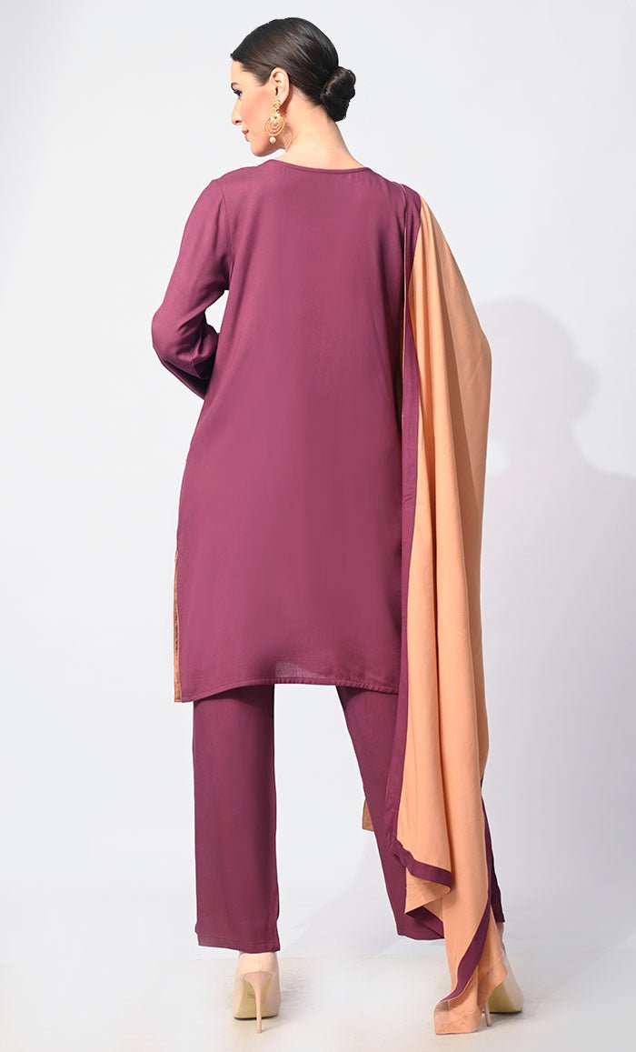 Charm & Elegance: Embellished Wine Salwar Kameez with Dupatta 3Pc Set - EastEssence.com