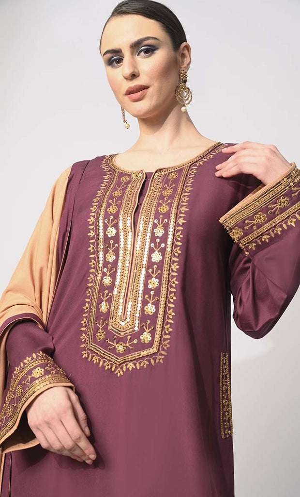 Charm & Elegance: Embellished Wine Salwar Kameez with Dupatta 3Pc Set - EastEssence.com