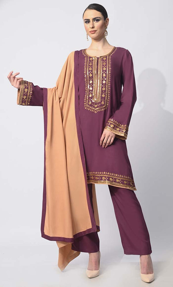 Charm & Elegance: Embellished Wine Salwar Kameez with Dupatta 3Pc Set - Final Sale - EastEssence.com