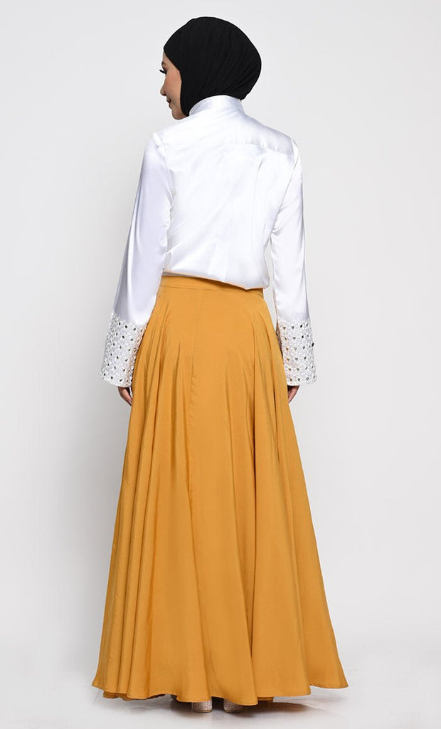 Chic Contrast Satin Shirt and Crepe Skirt Set with Mirror work sleeves - EastEssence.com