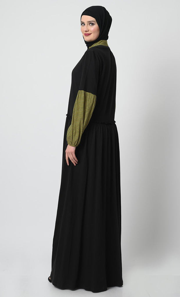 Chic Cotton Jersey Abaya with Stand Collar and Gathered Waist - EastEssence.com