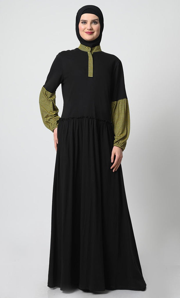 Chic Cotton Jersey Abaya with Stand Collar and Gathered Waist - EastEssence.com