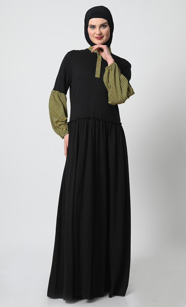 Chic Cotton Jersey Abaya with Stand Collar and Gathered Waist - EastEssence.com